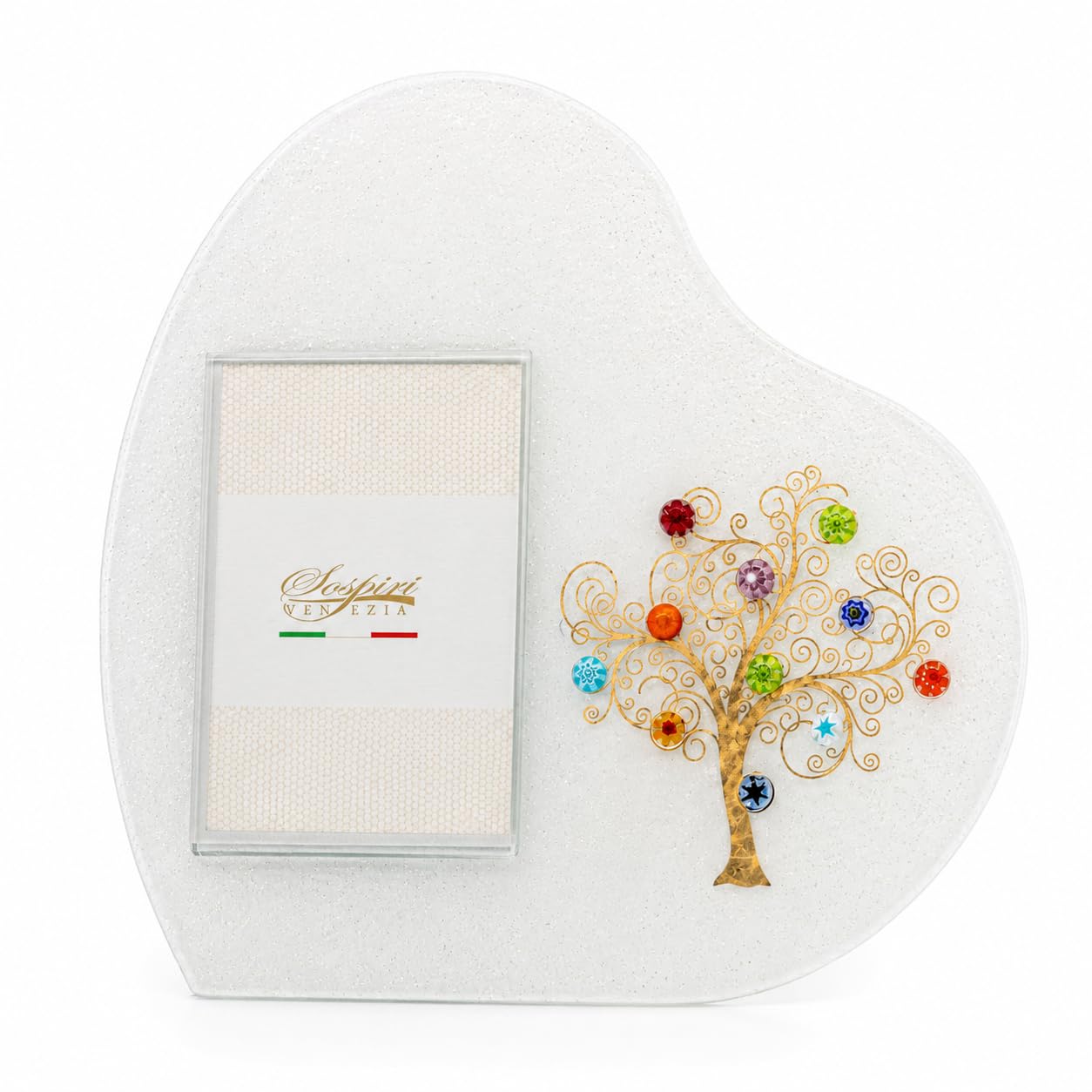 Sospiri Venezia Portafoto Vetro Murano Cornice a Cuore Decorazione Albero della Vita con Murrine Supporto da Scrivania o Tavolo Foto 7x10 cm Idea Regalo Made Italy (19x19 cm)