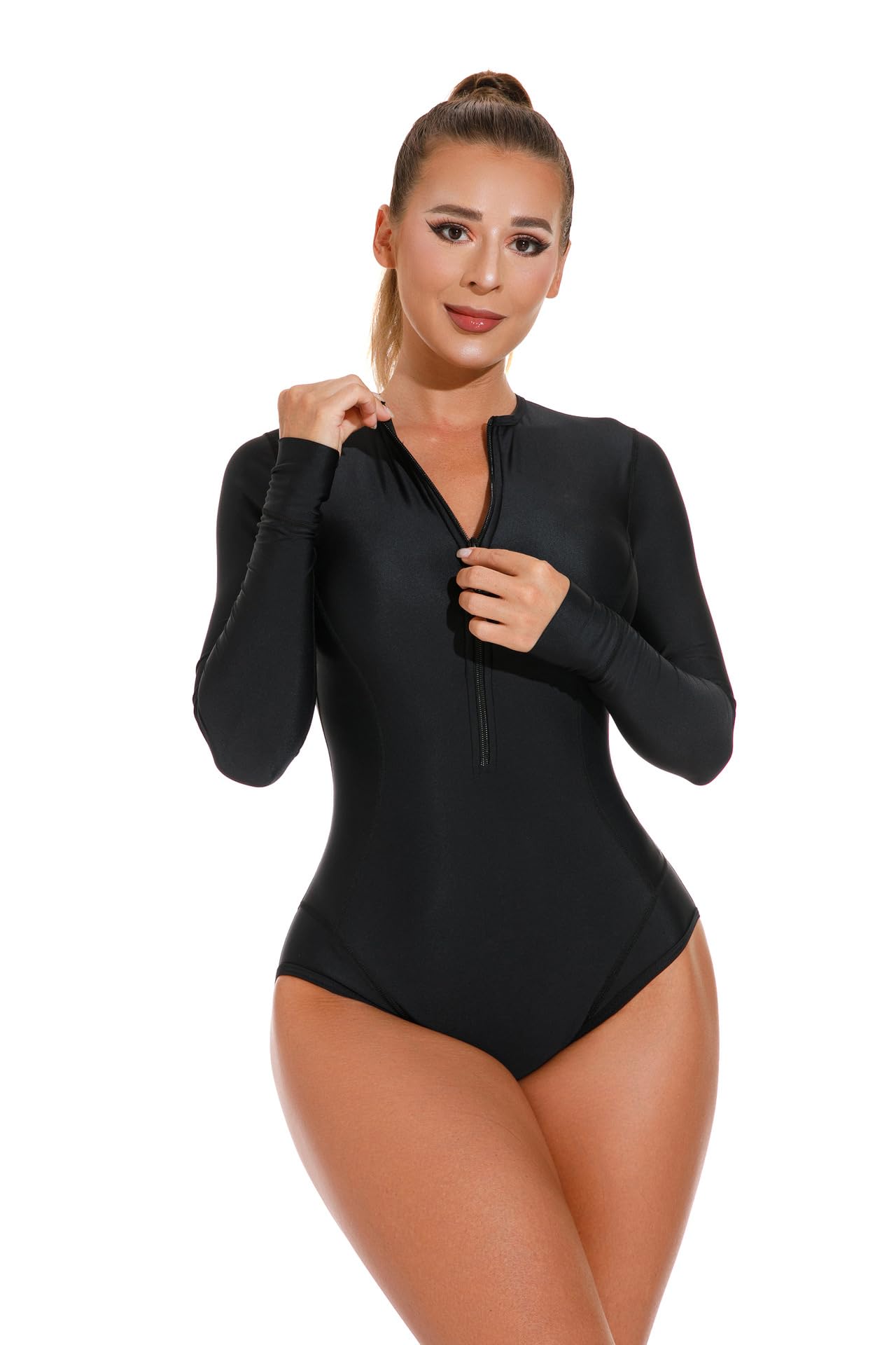 Donna Rash Guard Un Pezzo Rash Guard Nero Manica Lunga Costumi da Bagno Surfing Diving Tute per Le Donne Zipper