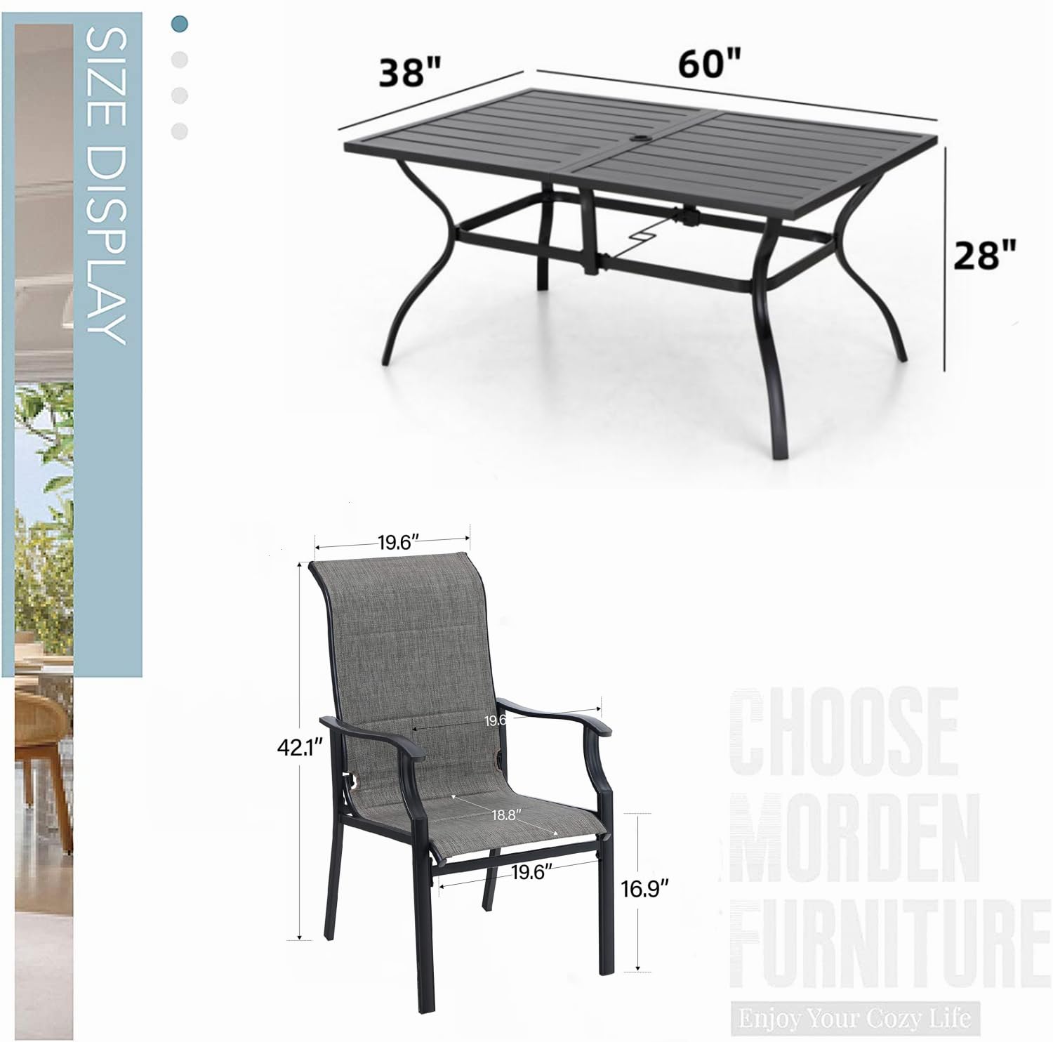 Diagram showing dimensions of the rectangular table and a single chair