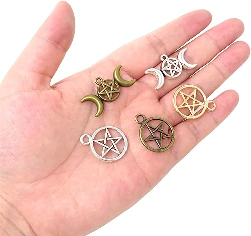 Miniatura 6 de Honbay 50 dijes de aleación de luna creciente pentagrama, pentáculo, estrella, colgante de bruja de la suerte para aretes, collares, pulseras,