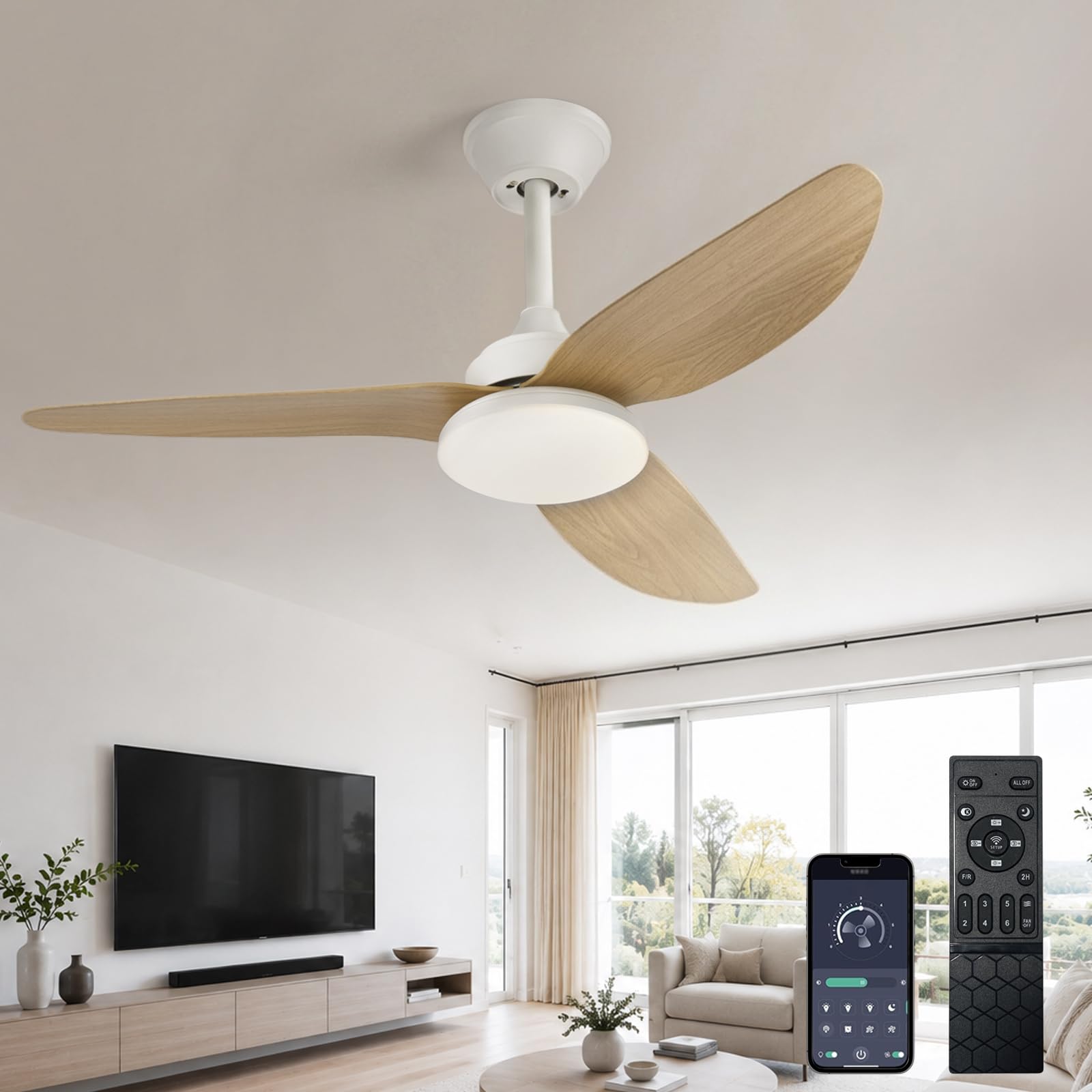 Modern Ceiling Fans with LED Lights and Remote 100cm, 3 Blade Fan Lights Ceiling Dimmable Memory Function, 6 Speed Reversible DC Motor, Indoor Ceiling Light Fan for Living Bedroom - White Wood Grain