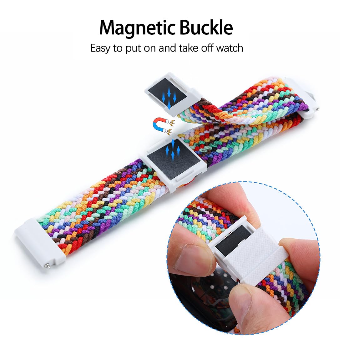 Stretchy Braided Syncup Kids Watch Band with Magnetic Buckle - Adjustable Length, Breathable Nylon, Quick Release Spring Bars - Black