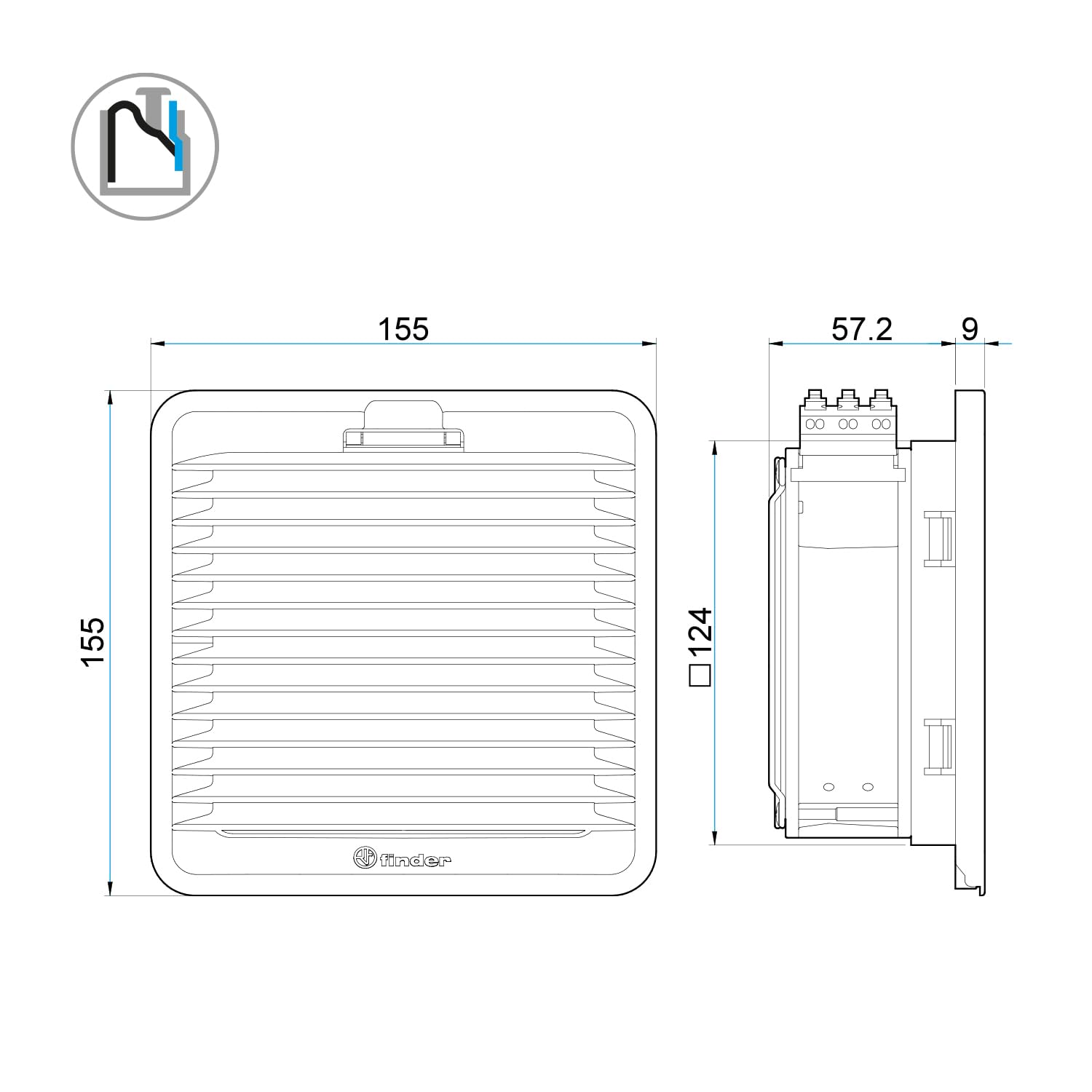 Finder Ventilatore con filtro per uso interno Tipo 7F.20. Per armadi e quadri elettrici con tensione nominale 120 o 230 V AC. Disponibile in 4 dimensioni e con potenze nominali da 17 W a 78 W