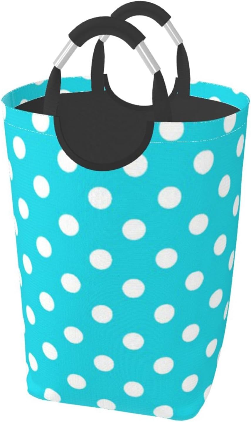 Large Laundry Basket, Aqua Polka Dot Pattern Laundry Hamper Bag Collapsible Washing Bin With Handles for College Dorm, Family Essentials Storage