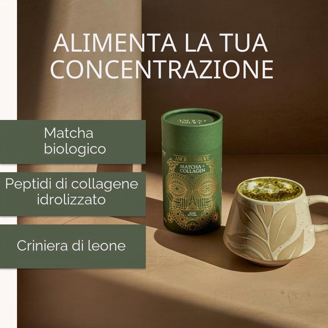 Ancient + Brave | Tubo Matcha + Collagene 150g - Integratore in Polvere di Polvere di Fungo di Leone - Peptidi di Collagene Idrolizzati - Pelle, Capelli e Unghie Radiosi