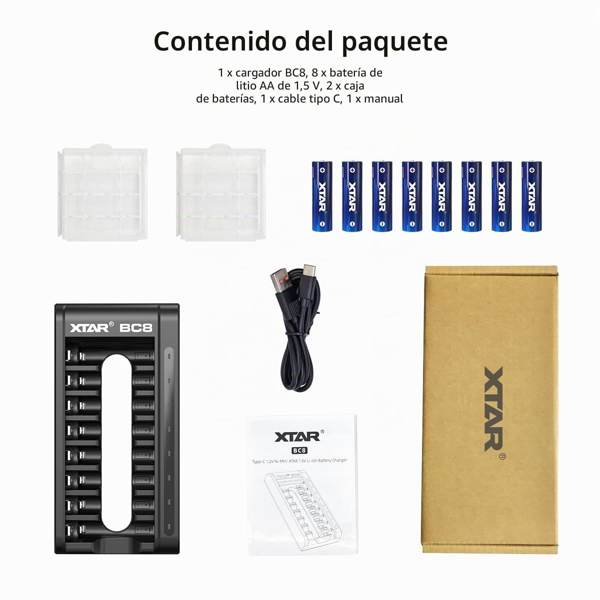 XTAR Pilas AA recargables AA de 4150 mWh1,5 V (8 paquetes de 4150 mWh AA + cargador BC8)