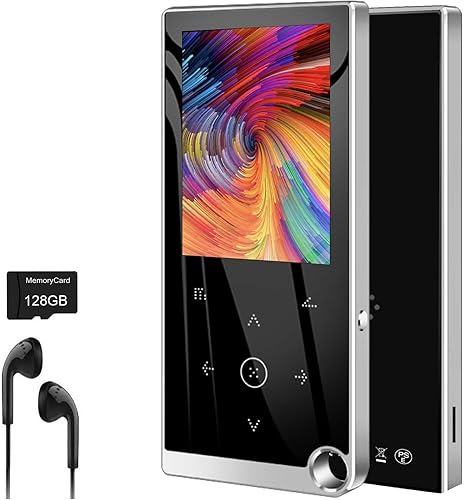 Reproductor MP3 de 136 GB con Bluetooth 5.2, mini reproductor de música plateado altavoz integrado con pantalla grande de 2.4 pulgadas, radio FM,