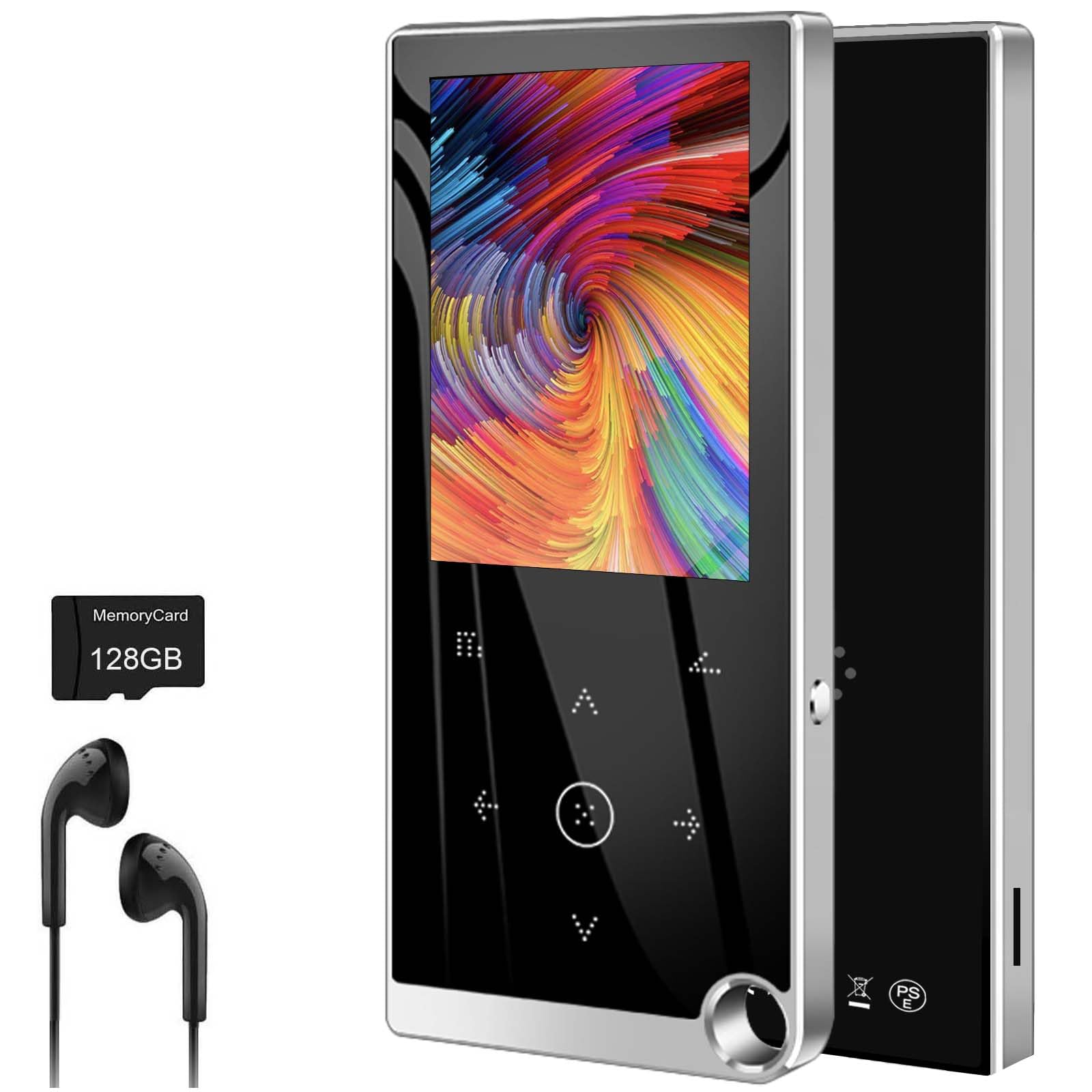 136GB MP3 Player with Bluetooth 5.2, Mini Silver Music Player Built-in Speaker with 2.4" Large Screen, FM Radio, Voice Recorder, HiFi Sound, E-Book Function, Earphones Included