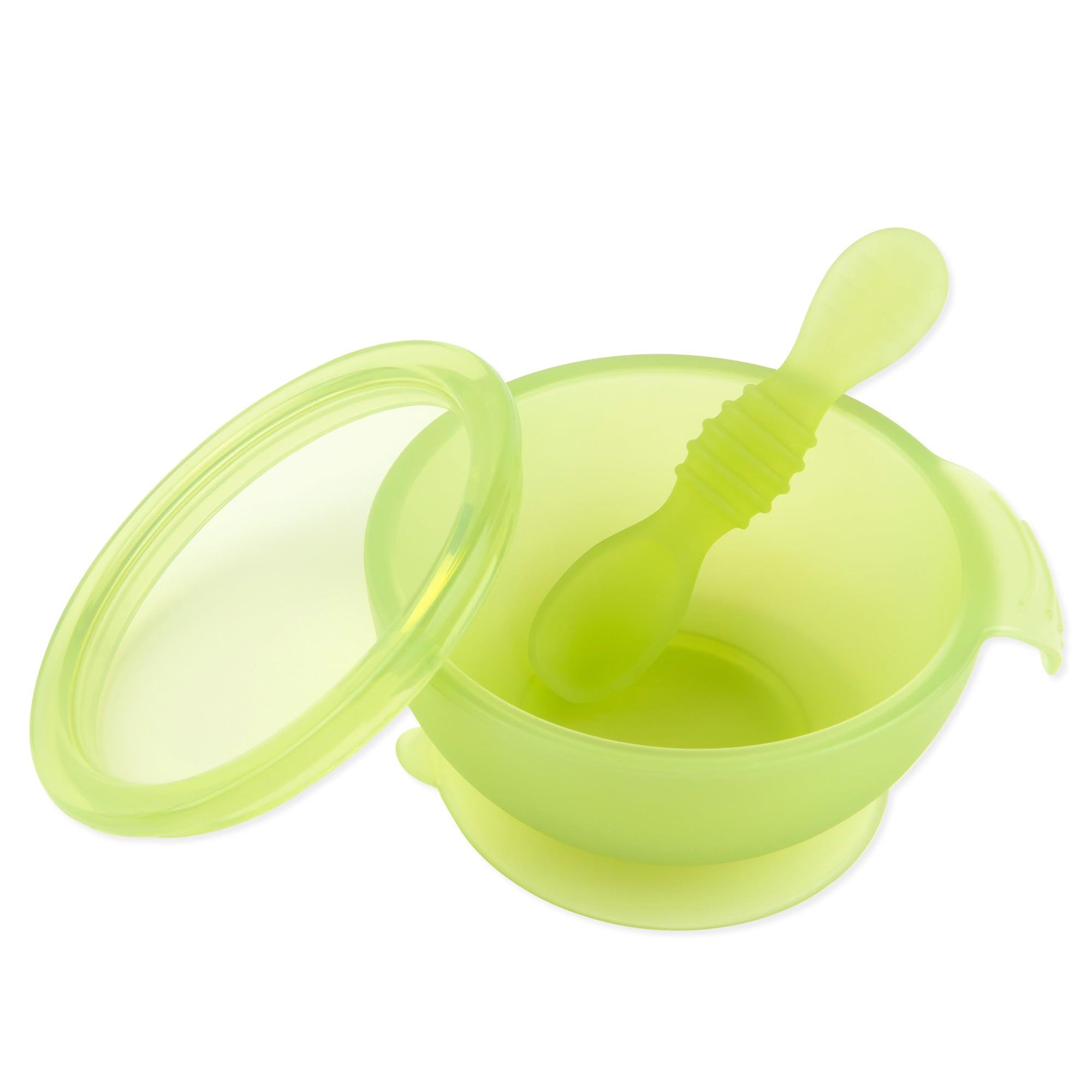 Bumkins Suction Silicone Baby Feeding Set, Bowl, Lid, Spoon, BPA-Free, Green Jelly