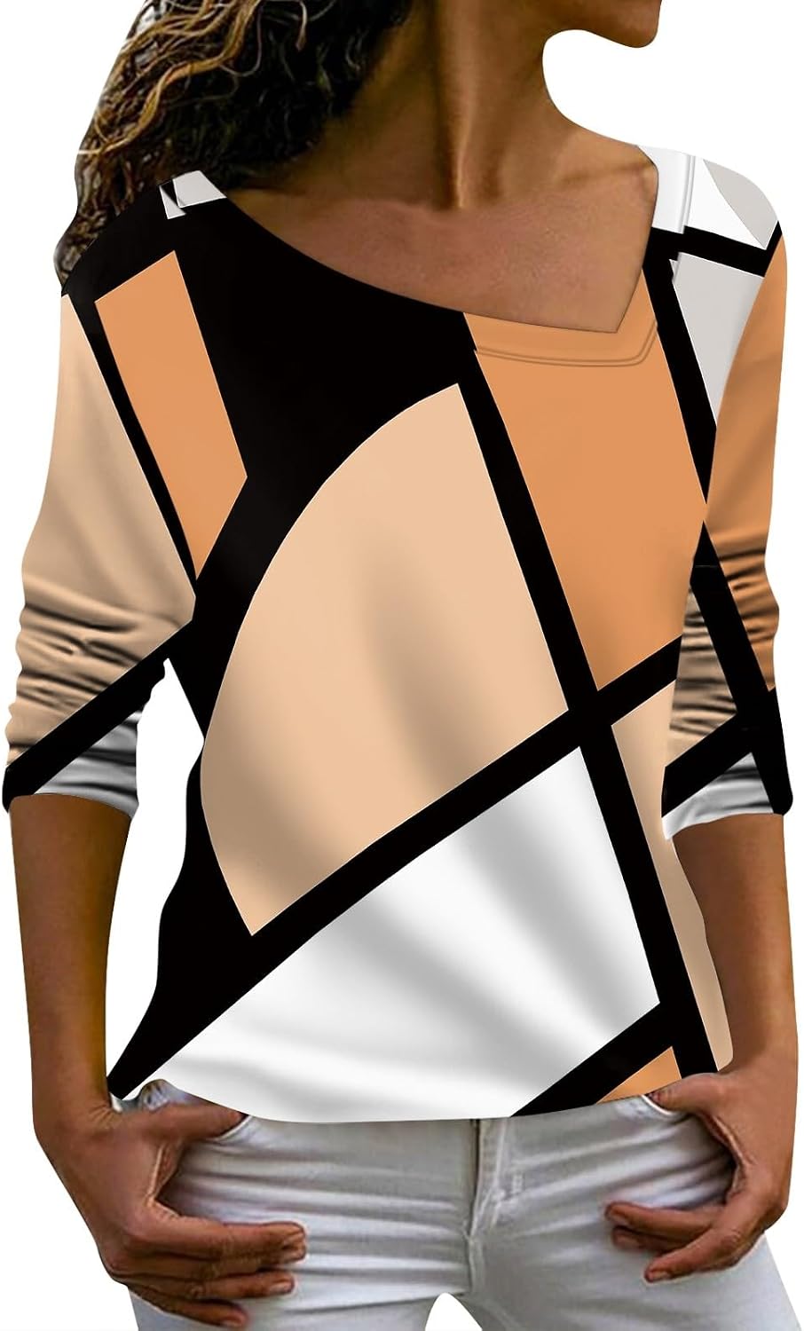 Women's Summer Tops, Long Sleeve Asymmetrical Neck Shirts Loose Fit Casual Basic Blouse, S-3XL