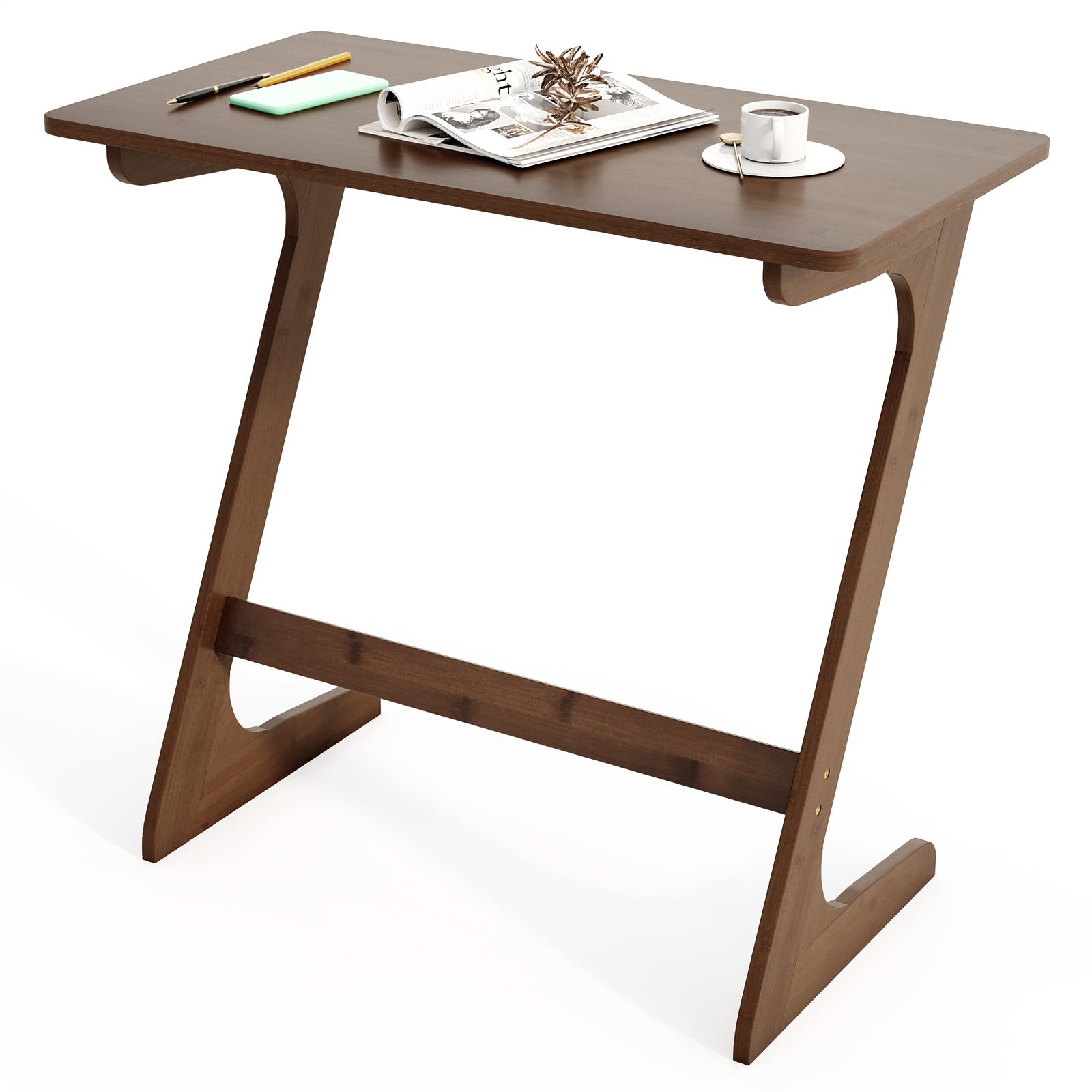 Giantex Bamboo TV Tray Table, Z Shaped Sofa Couch Side Table for Eating Snacks Coffee Laptop, Modern TV Dinner Tables for Small Spaces, Small End Table for Living Room Bedroom, Walnut