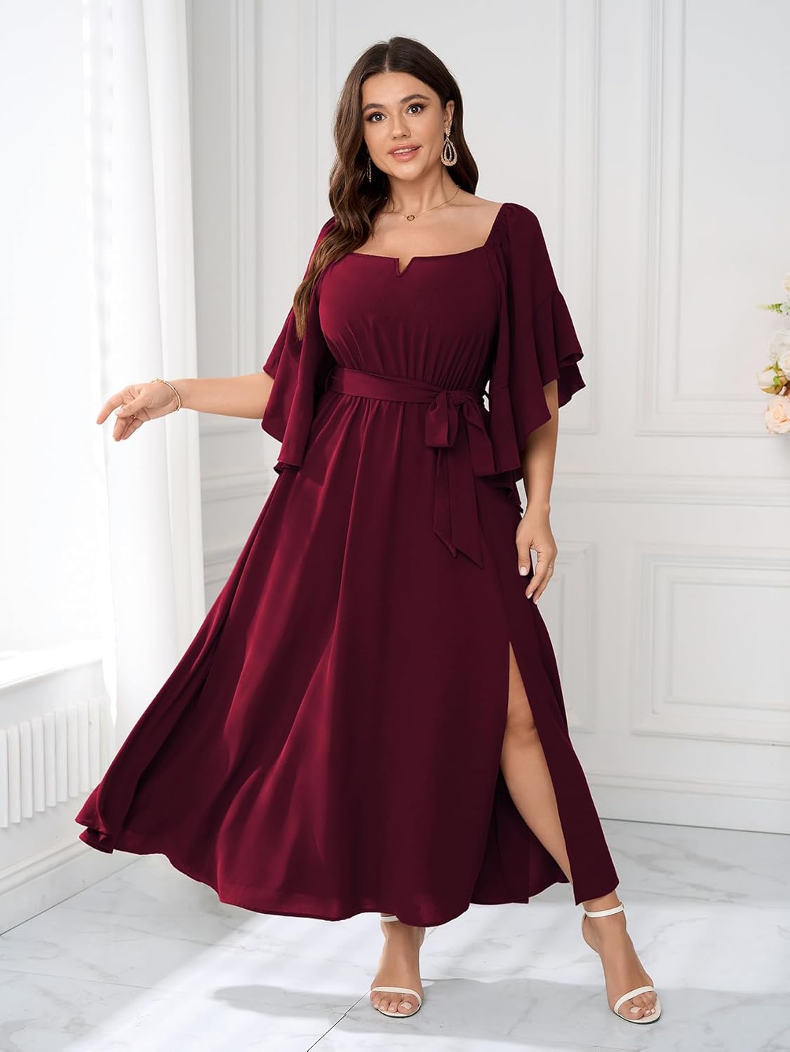 SCOMCHIC Women Plus Size Wedding Guest Maxi Dress Square Neck Ruffle 3/4 Sleeve Belted Slit A Line Formal Long Dresses - Image 5