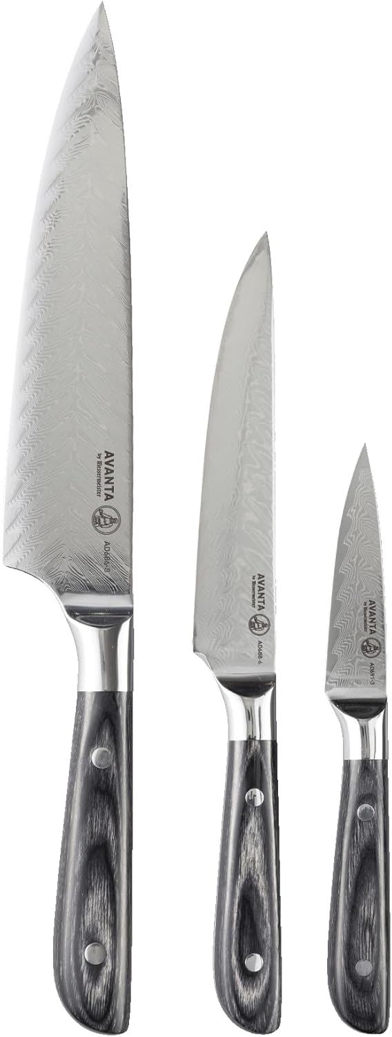 Messermeister Avanta Damascus Forged 3-Piece Pakkawood Starter Set - Includes 8” Chef’s, 6” Utility, & 3” Paring Knife