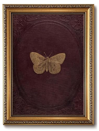 ZLPLLHA Vintage Gold Framed Wall Art Butterfly Wall Decor Moody Canvas Art Insect Pictures Victorian Paintings Burgundy Artwork for Bedroom Living Room