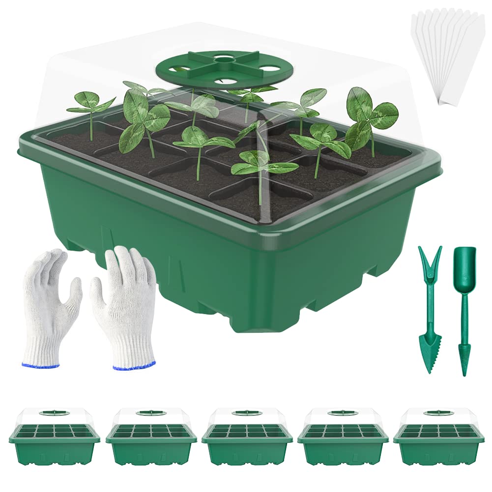 nuyikaso Seed Trays Propagator with Lids Seedling Starter Trays Reusable Adjustable Humidity Window Plant Growing Accessories for Greenhouse Garden Germination Green 5 Pack 60 Cells