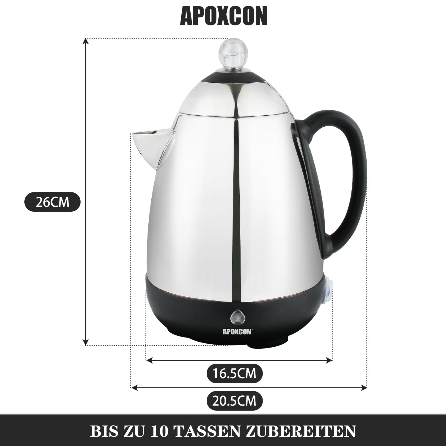 APOXCON Percolateur électrique en acier inoxydable - Fonction maintien au chaud, bec verseur anti-gouttes et interrupteur (10 tasses)