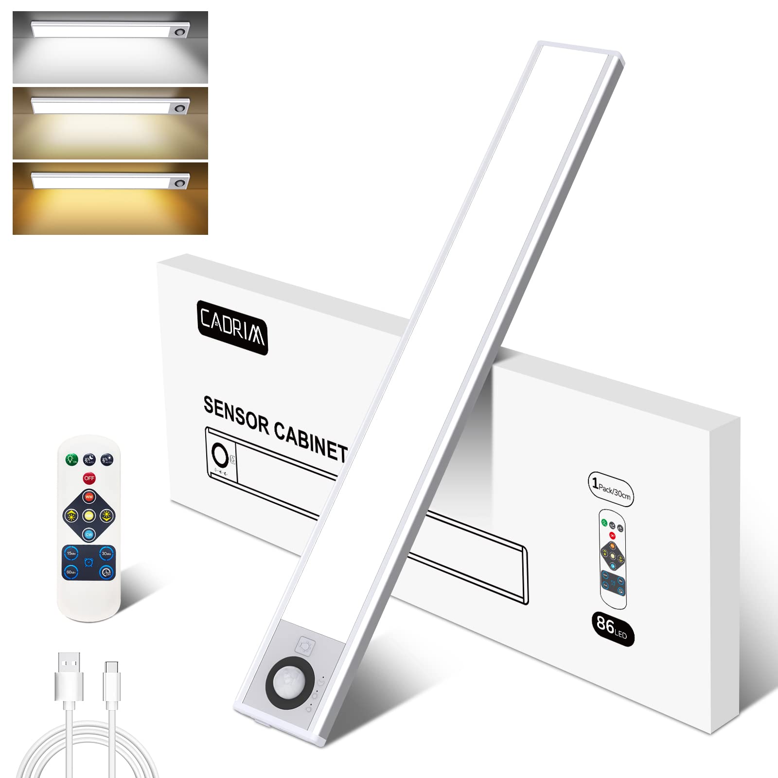 12 Inch Motion Sensor Under Cabinet Light Wireless with Remote and Timer, 86 LEDs Rechargeable Dimmable Under Counter Lights for Closet, Hallway, Stairway, Wardrobe, Kitchen, Magnetic LED Lights