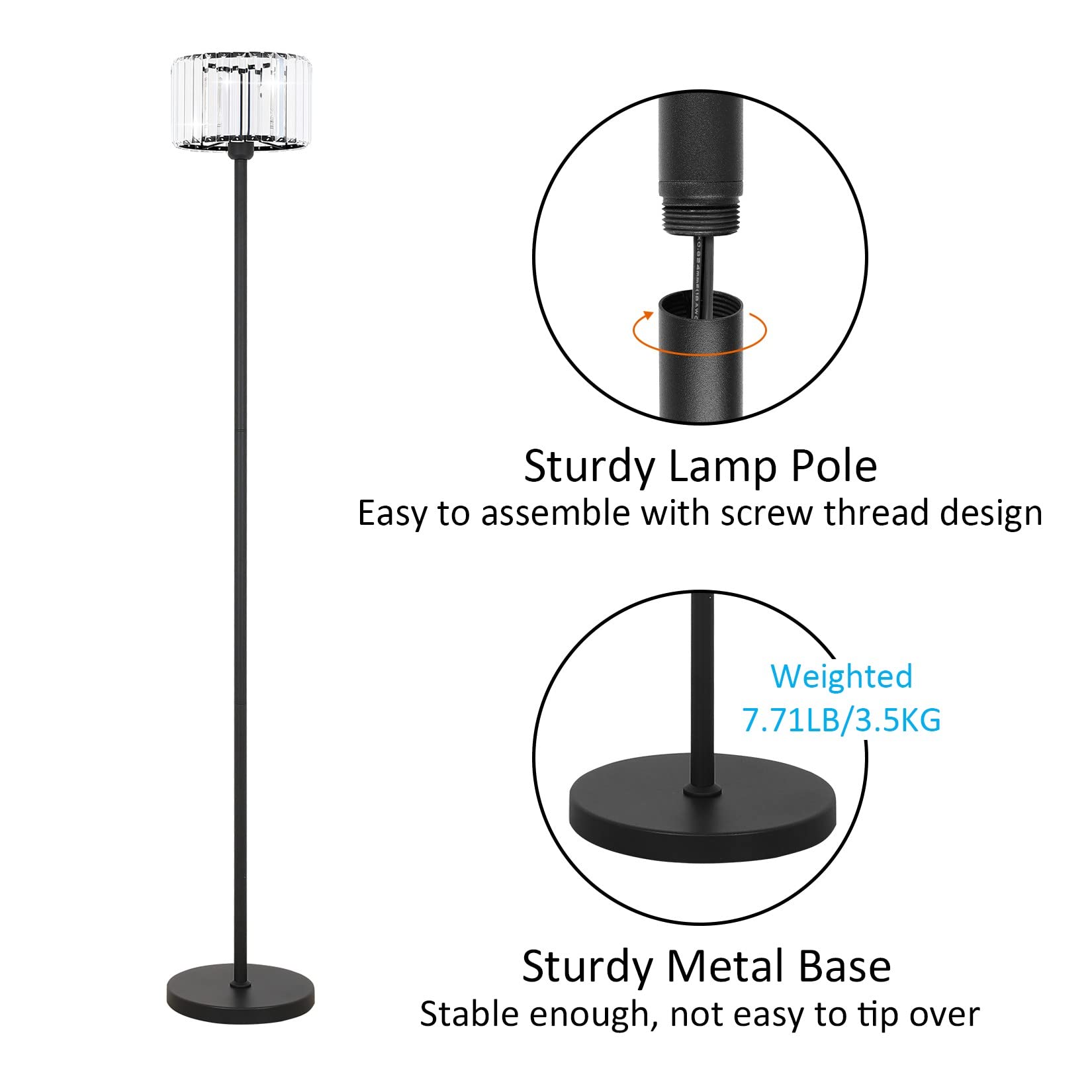 Ralbay Crystal Floor Lamp, Modern Black Floor Lamp, Black Crystal Tall