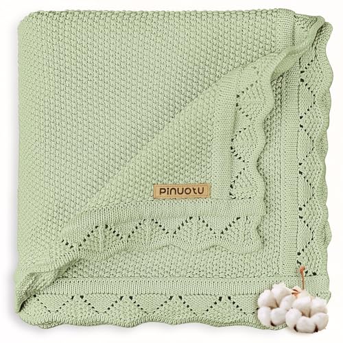 Image of Pinuotu Knitted Baby Blanket for Boys & Girls, 100% Cotton Receiving Swaddle Crib & Stroller Blanket for Newborns, Infants, Toddlers, Green, 40 x 31 Inches