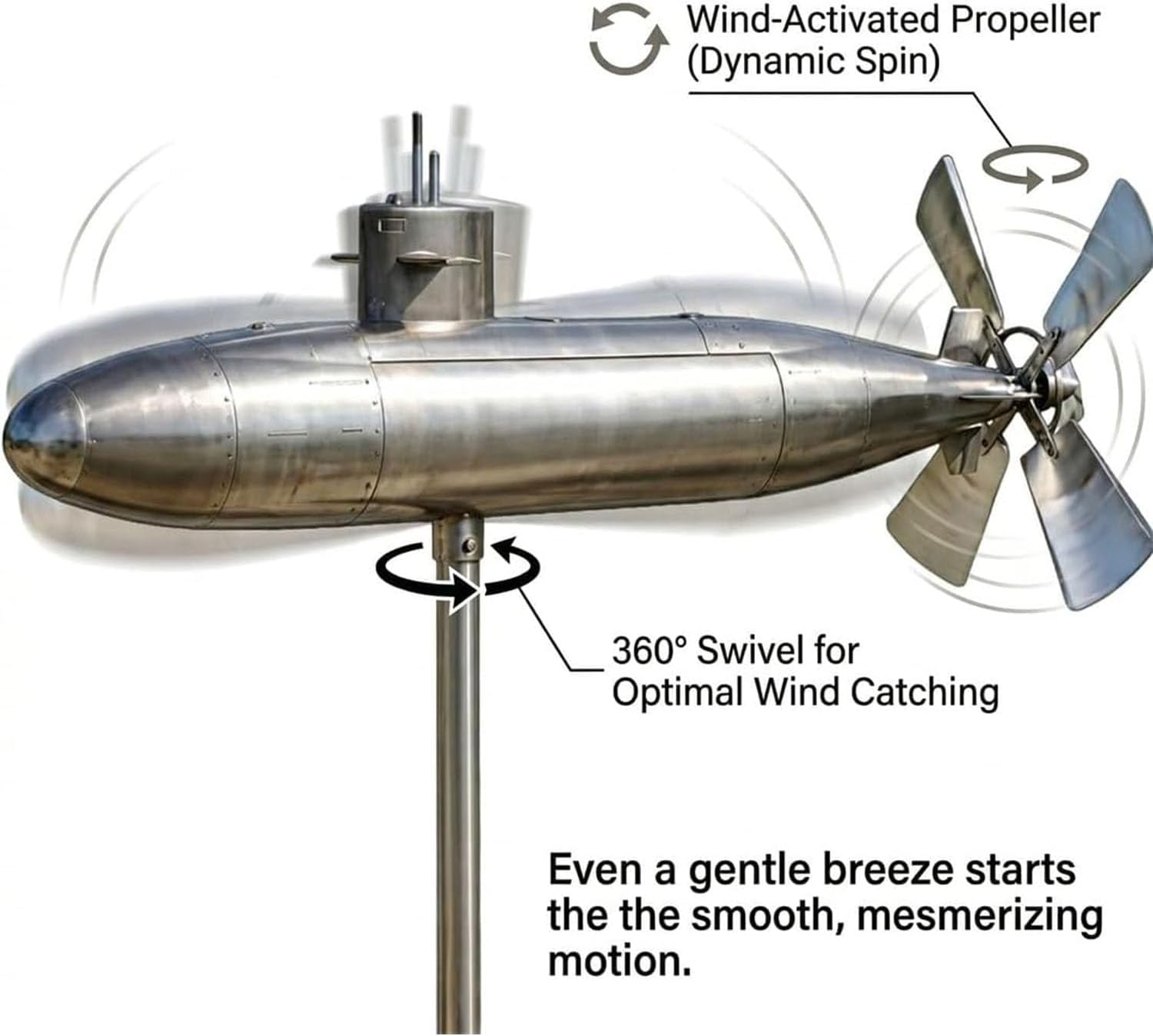 Submarine Wind Spinner, Rotating Submarine Yard Spinner with Spin Blades, Submariner Wind Mill, Motion Art Winds Sculpture for Patio (2PCS)