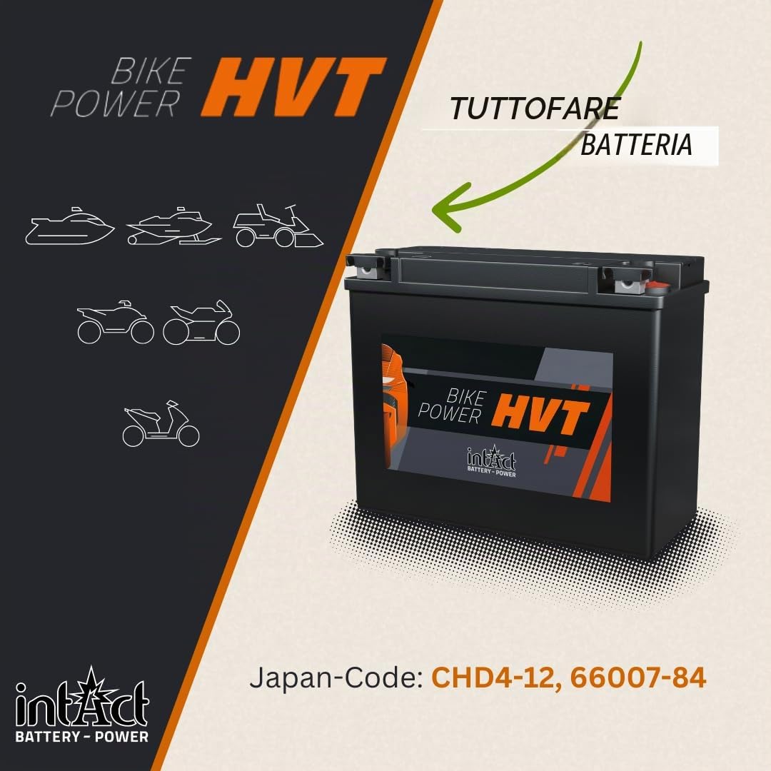 intAct - BATTERIA PER MOTOCICLI HVT | Batteria senza manutenzione e a prova di perdite. | HVT-07, CHD4-12, 66007-84, batteria da 12 V, 30 AH (c20), 350 A (EN) | Dimensioni: 205x130x165 mm