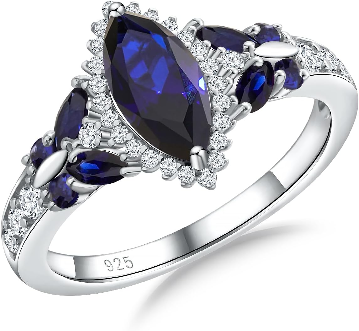 DAYBYDAY Birthstone Rings for Women, 925 Sterling Silver Marquise/Cushion Cut Sapphire/Emerald/Aquamarine Ring, Gemstone Engagement Promsie Rings for Her Size 6-10