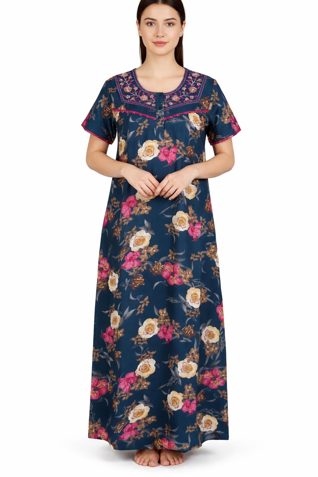 Printed Nighty Maxi for Women | Alpine Fabric with Side Pocket and Neckline Embroidery | Short Sleeves Full Length Night Wear Gown-image-14