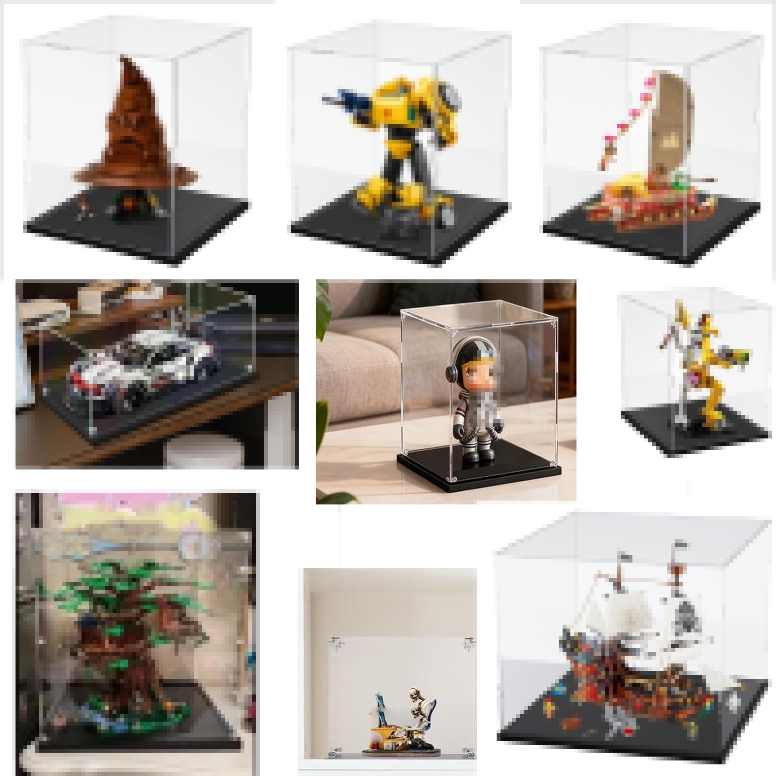 Vitrine en Acrylique Transparente pour Lego Figurines d'action,Vitrine Voiture Miniature pour Moto Figurines Jouets Objets de Collection (Base Noire, 35x35x40CM)