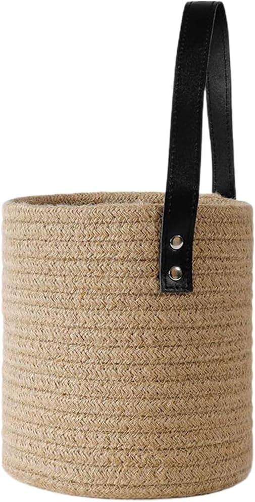Unomor Premium Wall Hanging Storage Basket–Cotton Rope Design with Leather Handle, Coffee Color for Organizing Cosmetics, Plants, Kitchen Essentials, and Kids' Toys