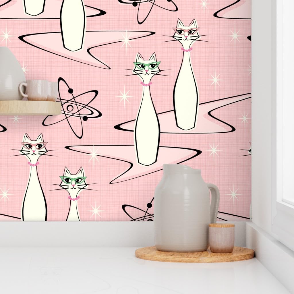 Peel & Stick Wallpaper 3ft x 2ft - Atomic Age Cats On Pink Retro 1950S Cats Midcentury Modern Custom Removable Wallpaper by Spoonflower
