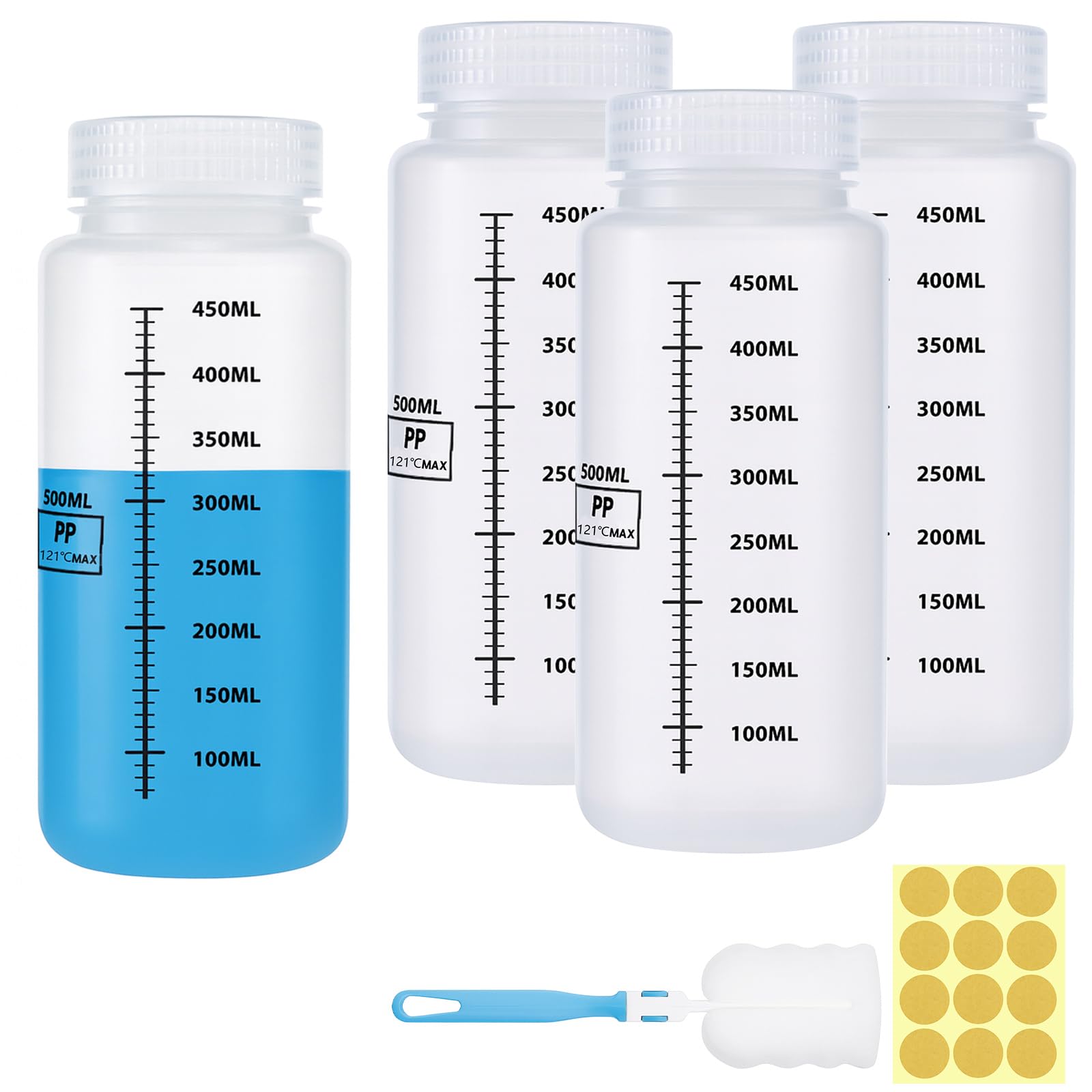 Sheryl&Rain 4 Pezzi 500ml Flaconi a Collo Largo, Bottiglie Plastica Reagenti Chimici da Laboratorio, Flacone in Plastica con Apertura Ampia, Bottiglia a Collo Largo con Tappo a Vite,per Laboratorio