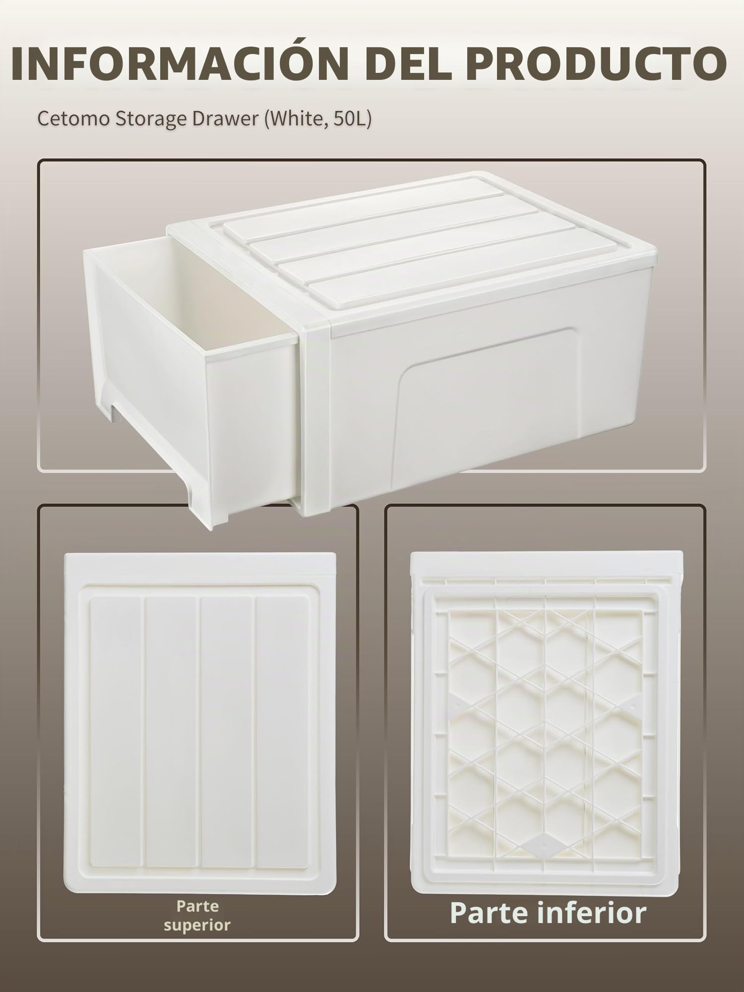 Cetomo 50L*3 Cajones de Almacenamiento de Plástico, Organizadores para Escritorio de Oficina, Caja de Almacenamiento, Torre Apilable para Cosméticos, PP, Resistente, Blanco, 50L-3 Unidades