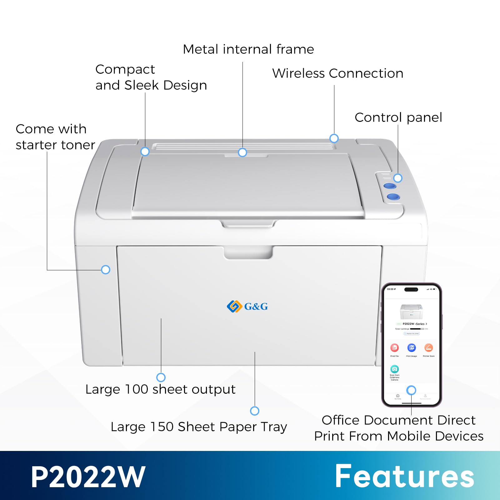 G&G P2022W Stampante Laser Bianco e Nero Wifi, Singola Funzione A4 Stampanti con Toner Laser in Offerta, 23 ppm, Compatta per Ufficio/Casa