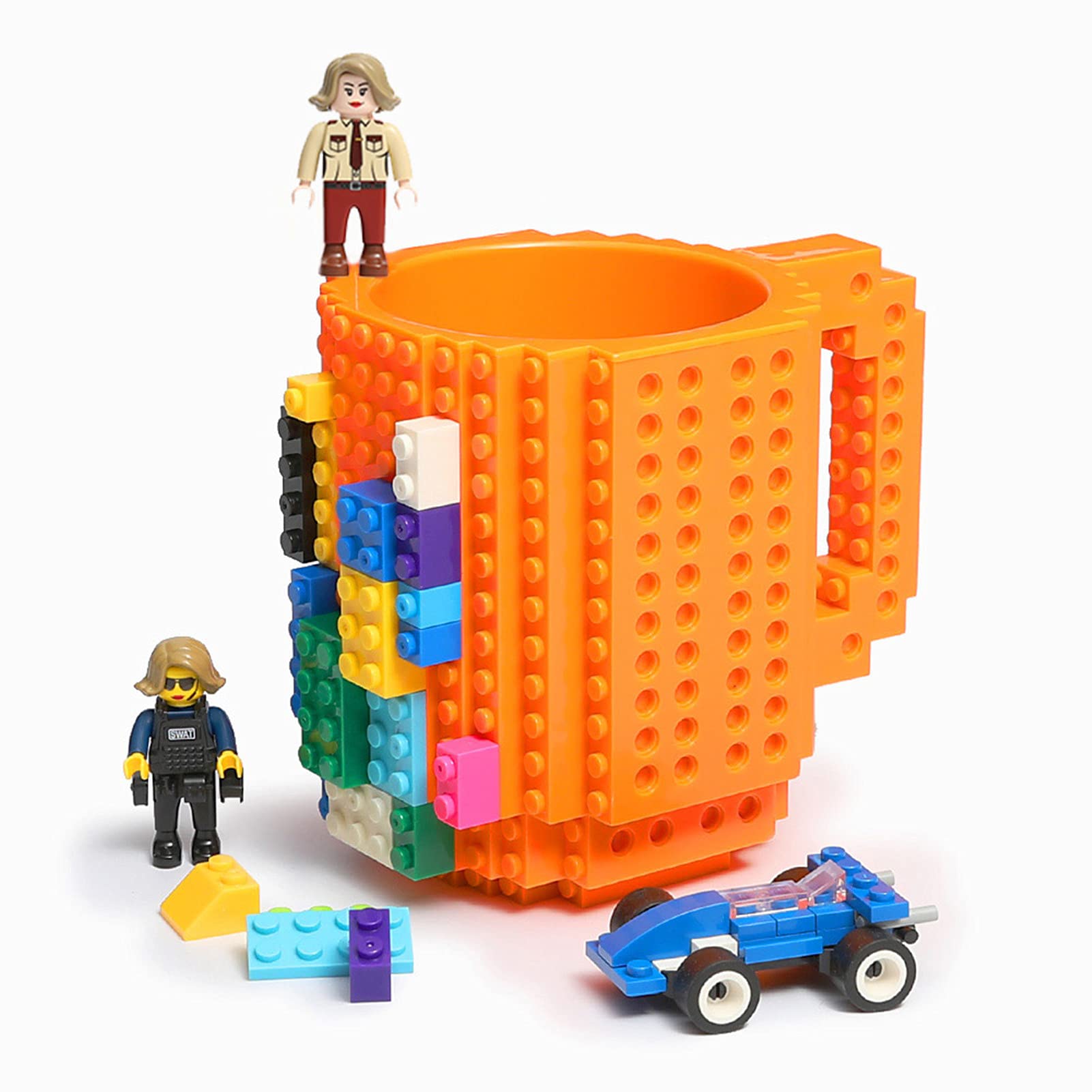 LumsburryBuild-on Brick Coffee Mug, Funny DIY Novelty Cup with Building Blocks Creative for Kids Men Women Xmas Birthday(Orange)