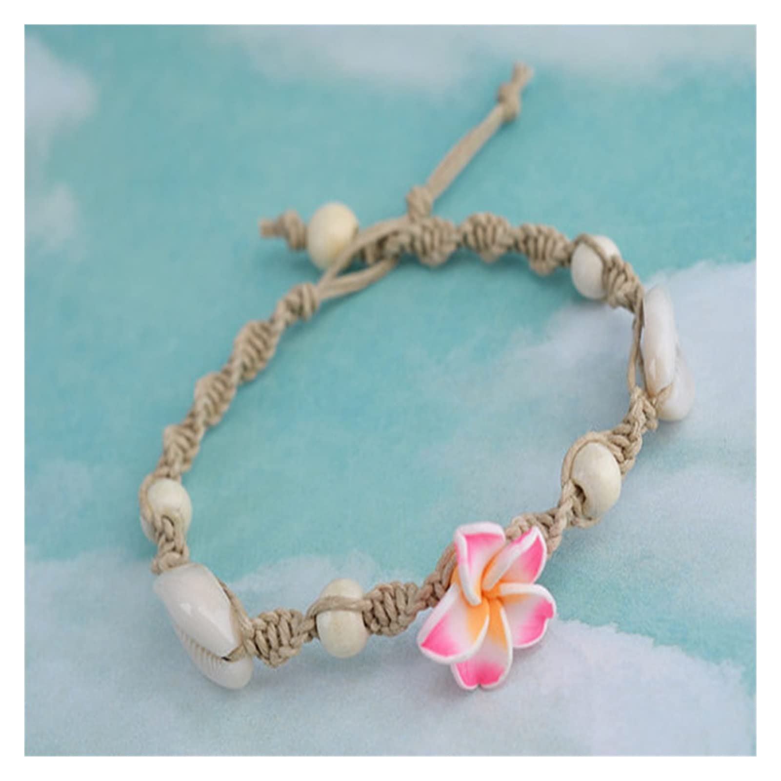 Pulseras de Tobillo Tobillera Bohemia Tobillera de Playa - Flor de cerámica Suave Tejida a Mano Tobillera de Concha de Mar Tobilleras de Mujer (Color : Yellow Flower)