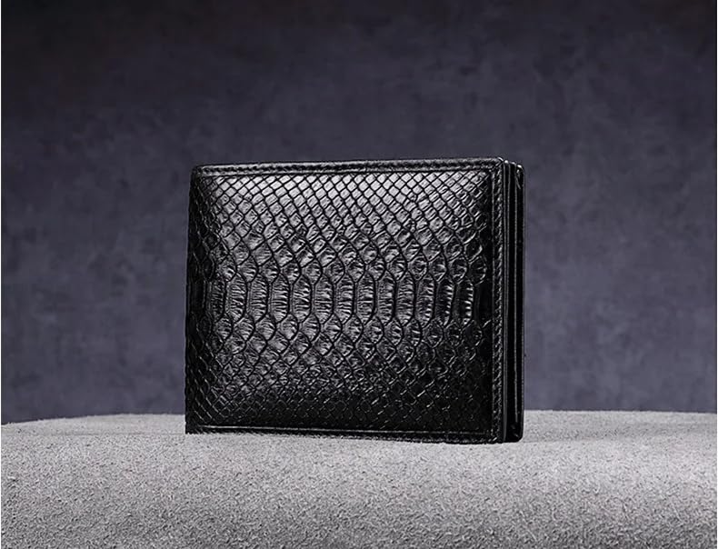 Authentic Real True Leather Male Serpentine Card Holders Men Short Black Bifold Wallet Genuine Exotic Leather Small Clutch Purse (Black 1)4