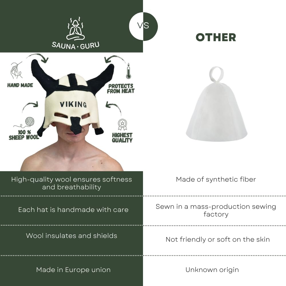 Saunahut 'Sauna Viking' White - 100% organische Wollfilzmützen - Schützen Sie Ihren Kopf vor Hitze - Englische Sauna E-Book Handbuch inklusiv - mit Stickerei