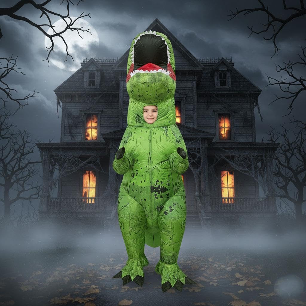 A2Z 4 Kids Nadmuchiwany kostium dinozaura na Halloween dla chłopców, dziewcząt, dzieci, T-Rex, fantazyjny strój z wachlarzem i akumulatorem, zielony, jurajski, Halloween, przyjęcie, cosplay, kostiumy
