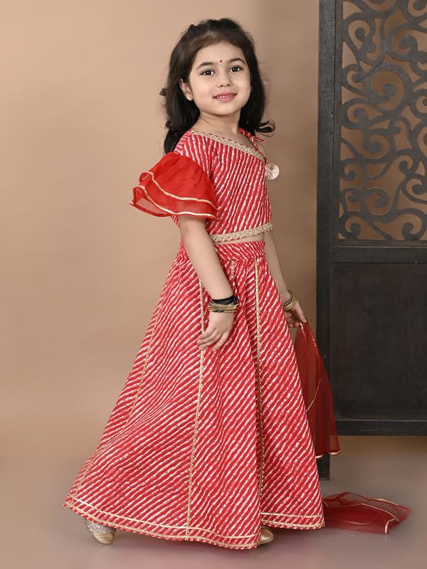Image of superminis Girl's Cotton One Shoulder Lehariya Printed Readymade Lehenga Choli And Net Dupatta Set