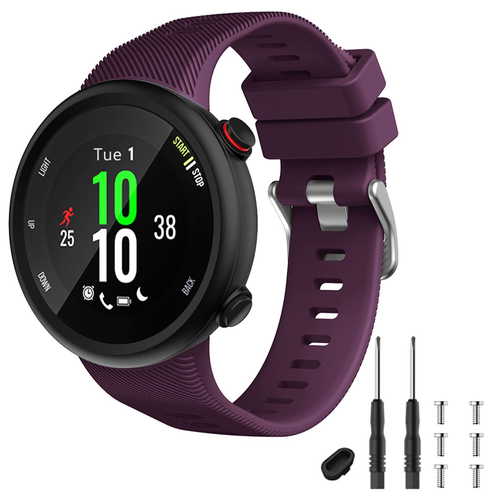 TopPerfekt Strap Compatible with Garmin Forerunner 45s, Sport Silicone Wristband Arm Band Replacement Bracelet for Forerunner 45s (Purple Silver Buckle) — image 1