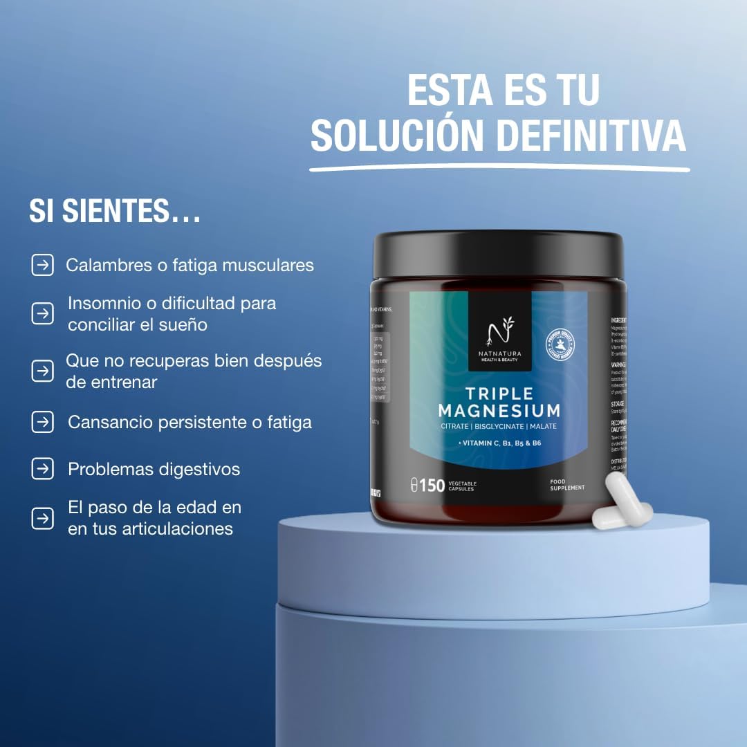 Magnesio Triple – Citrato de magnesio, Bisglicinato y Malato | 442 mg de magnesio elemental por dosis + Vitaminas B1, B5, B6 y C | Antifatiga, Calambres y Recuperación Muscular | 150 cápsulas.