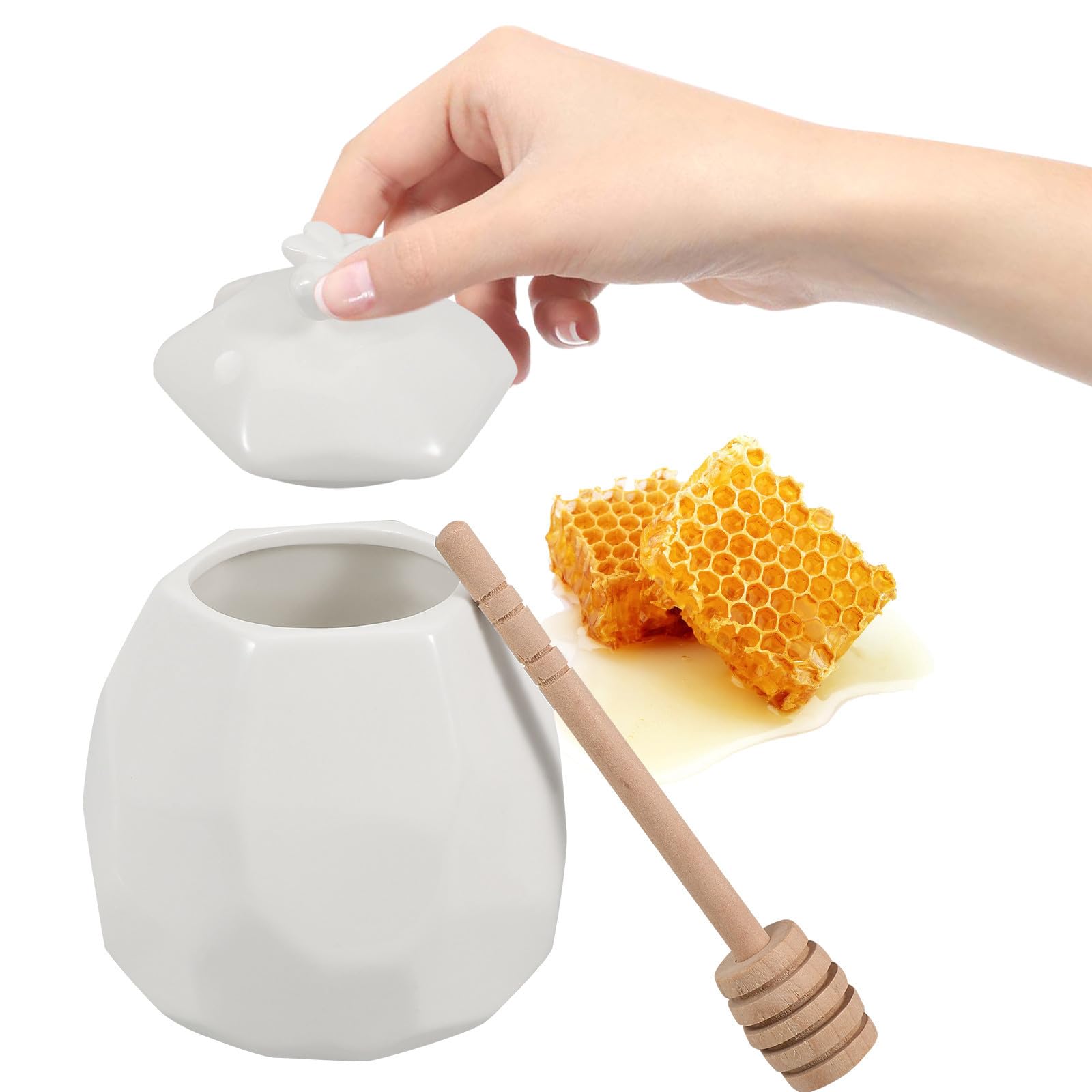de Fácil de Madera Almacenamiento para Dispensación en Cucharón y Tarro Miel de Cerámica Blanco de 200ml con Tapa Cocina