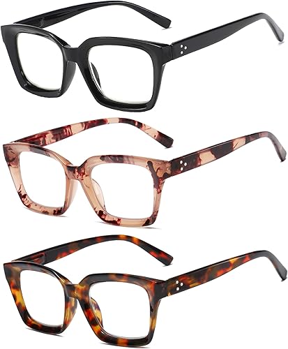 Miniatura 2 de ZXYOO Paquete de 3 lentes de lectura de diseño cuadrado de gran tamaño para mujer lector de computadora con bloqueo de luz azul negro y rosa y