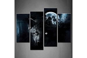 4 Panel Wall Art Black Wolf and Full Moon Painting: Captivating Wolf...