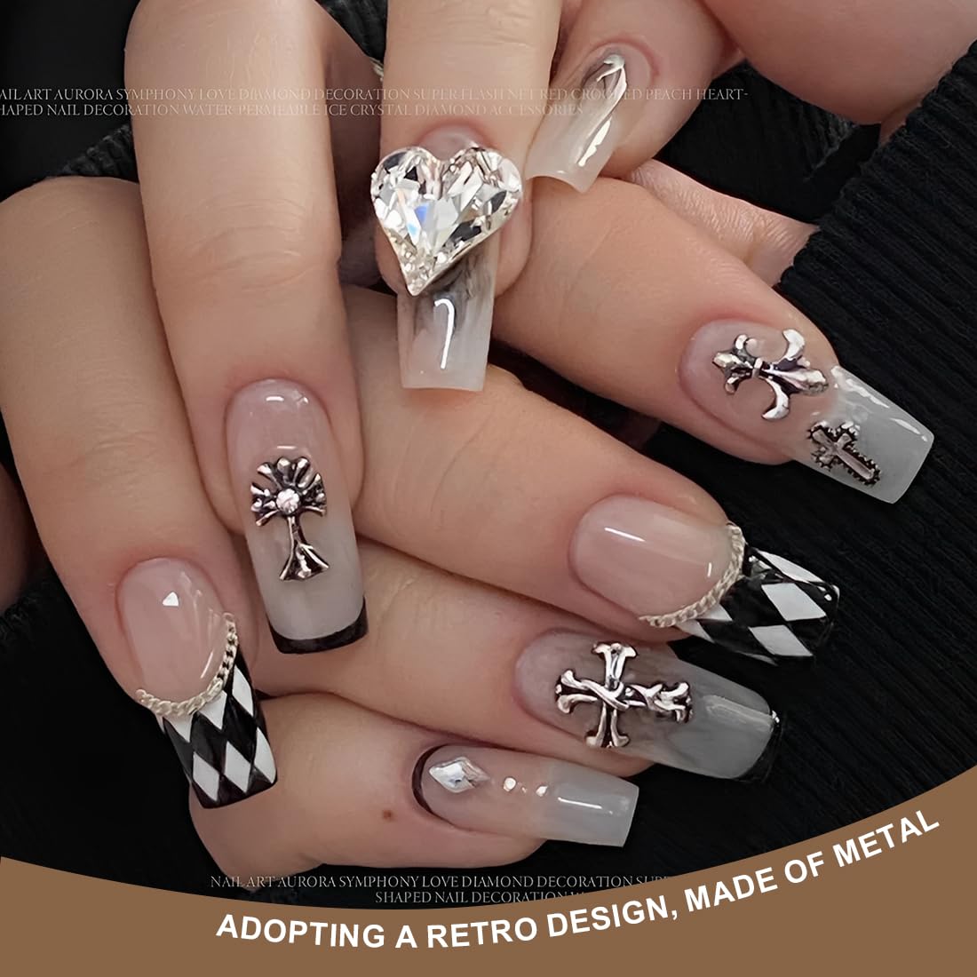 75 Pièces Breloques pour Ongles Croix Argent Charme avec Coeurs Gothiques Rétro Punk Crânes Manucure Décorations Nail Art, Deco Ongle Nail Art