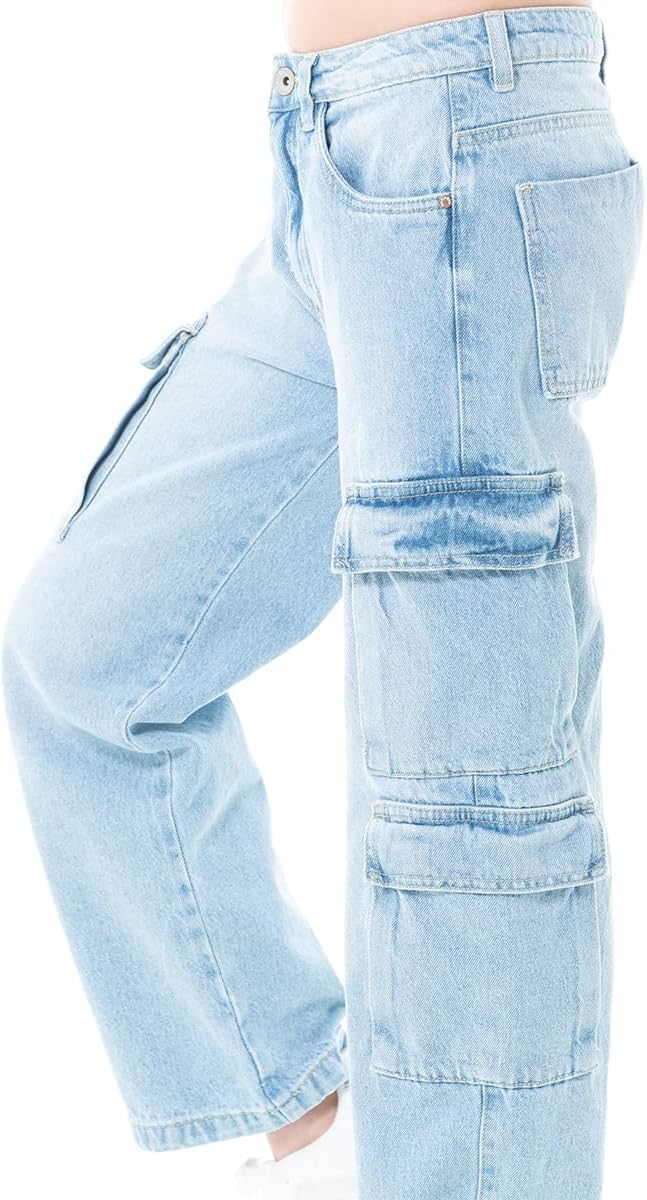Nauty Blue Cargo Pants for Girls - High Waist Wide Leg Baggy Jean for Teens Fashionable Loose Fitting Flap Pocket Denim