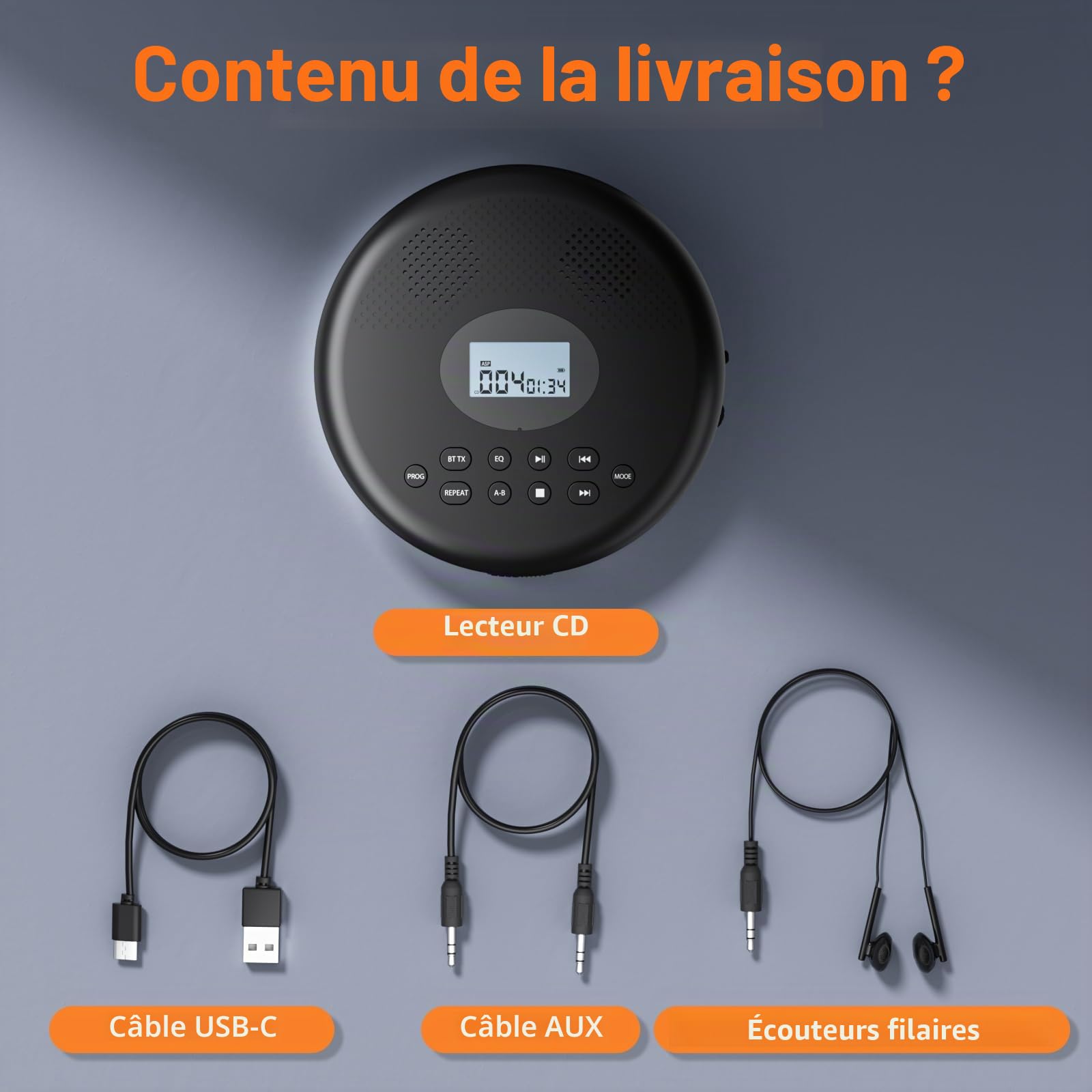 Lecteur CD Portable Arafuna Bluetooth Rechargeable, Haut-parleurs, Antichoc, écran LCD. 7 Modes de Lecture, 5 égaliseurs, Compatible TF/AUX. Compact, idéal Maison, Voiture et Voyages.