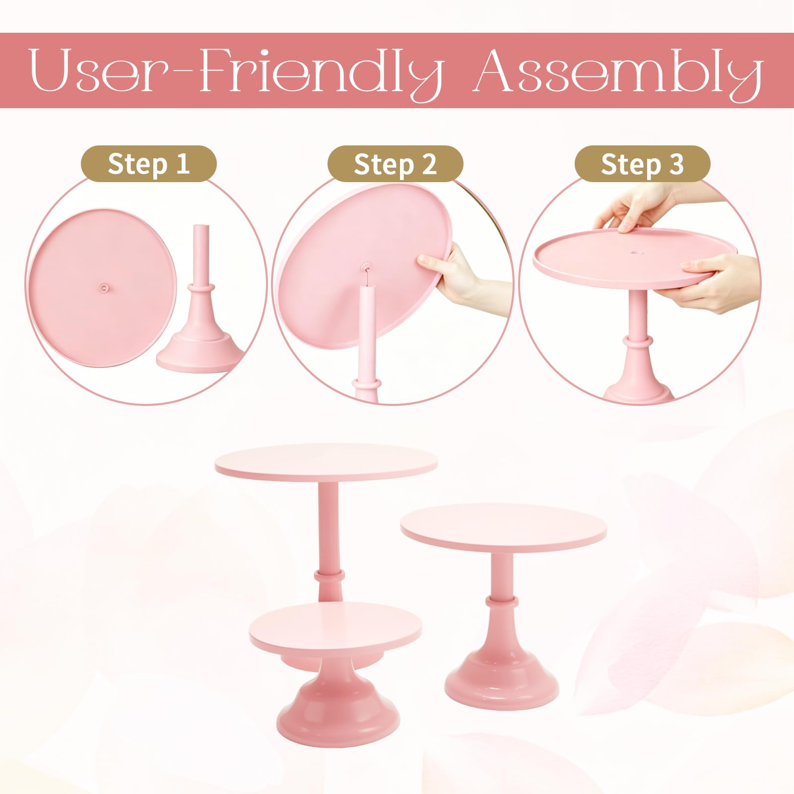 VIKKSAER Juego de 3 soportes para tartas rosas, soporte de exhibición de postres de metal de 8/10/12 pulgadas, adecuado para bodas, cumpleaños y fiestas
