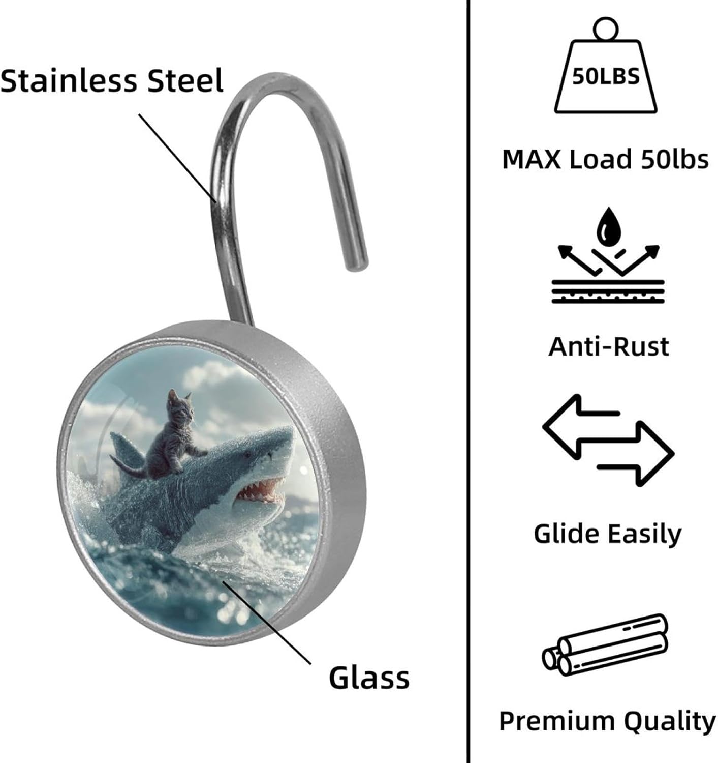 Funny Cat Riding Shark Ocean (2) Round Crystal Glass Decorative Shower Curtain Hooks with 3D Pattern Visual, Rust Proof Shower Curtain Rings-12 Pack
