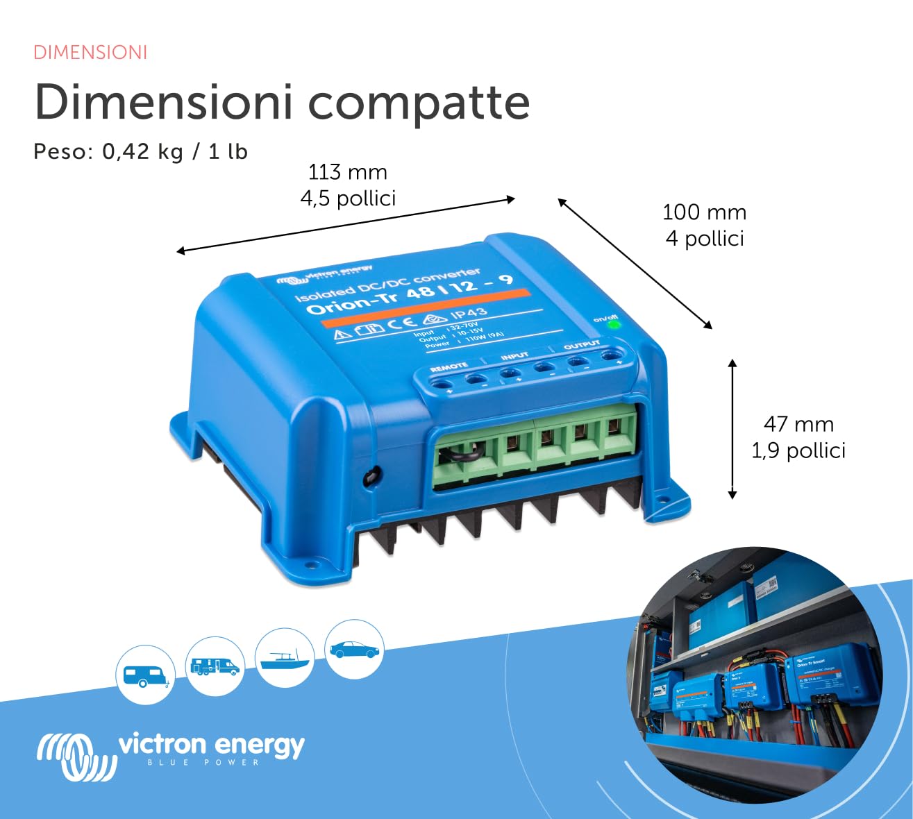Victron Energy Orion-Tr IP43 48/12-Volt 9 amp 110-Watt Convertitore DC-DC, Isolato